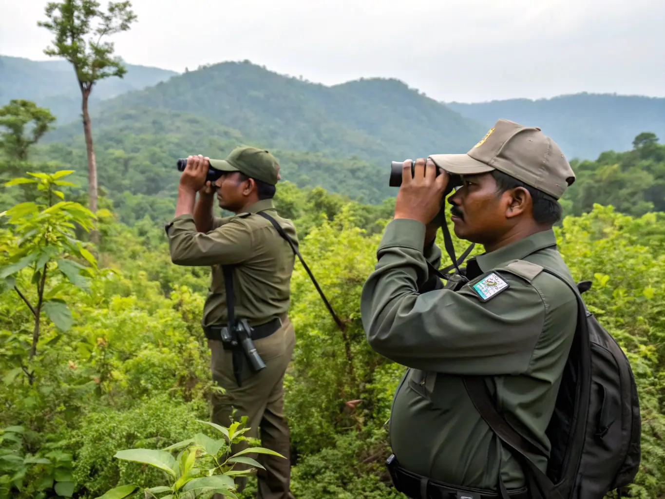 A ranger patrolling a forest area with anti-poaching equipment, representing the organization's efforts to combat illegal hunting.