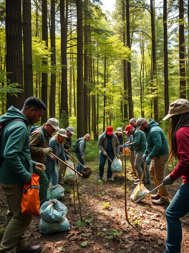 A photograph of a team removing invasive plants from a protected area, highlighting the organization's ecological initiatives.