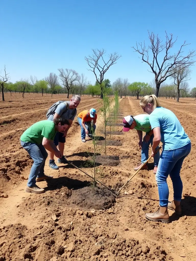 A photograph of volunteers planting trees in a deforested area, symbolizing habitat restoration efforts.