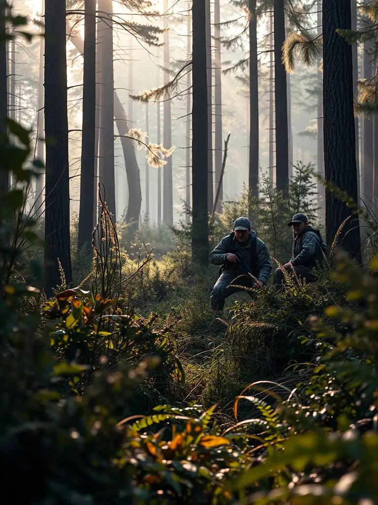 A scenic image of hunters in a forest managing wildlife, with lush greenery and wildlife in the background.