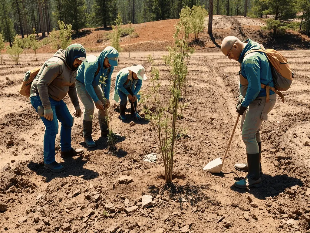 A group of volunteers planting trees in a deforested area, symbolizing habitat restoration efforts by SOCIETE DES CHASSEURS DE SALON LA TOUR.