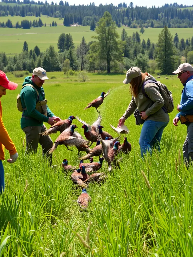 A photograph of volunteers releasing pheasants into a managed hunting area, showcasing the organization's game repopulation efforts.