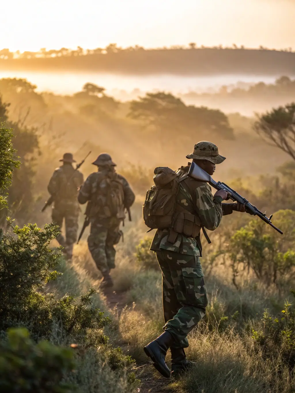 A patrol team conducting wildlife surveillance at dawn in a rural landscape.